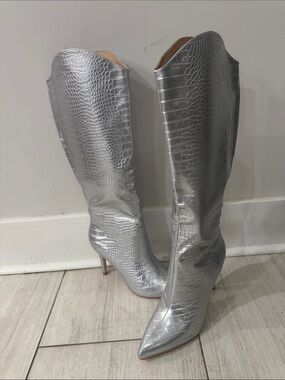 Silver Croc-Embossed Over-the-Knee Pointed-Toe Boots